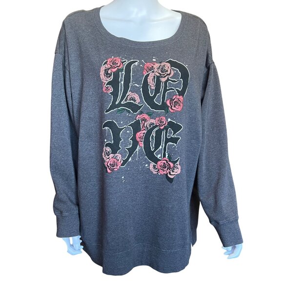 Torrid Love Graphic Long Sleeve Sweatshirt Gray Top Cotton Blend Womens Size 1 - Picture 1 of 9